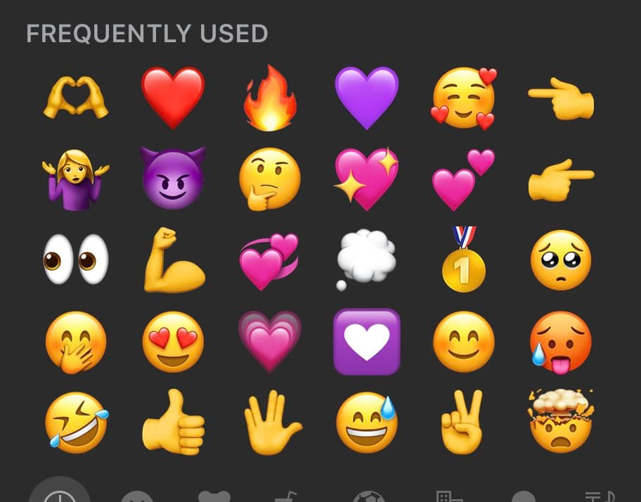 A screenshot of a smartphone's emoji keyboard showing the 'Frequently Used' section, which displays a grid of commonly used emojis including hearts, faces, and hand gestures.