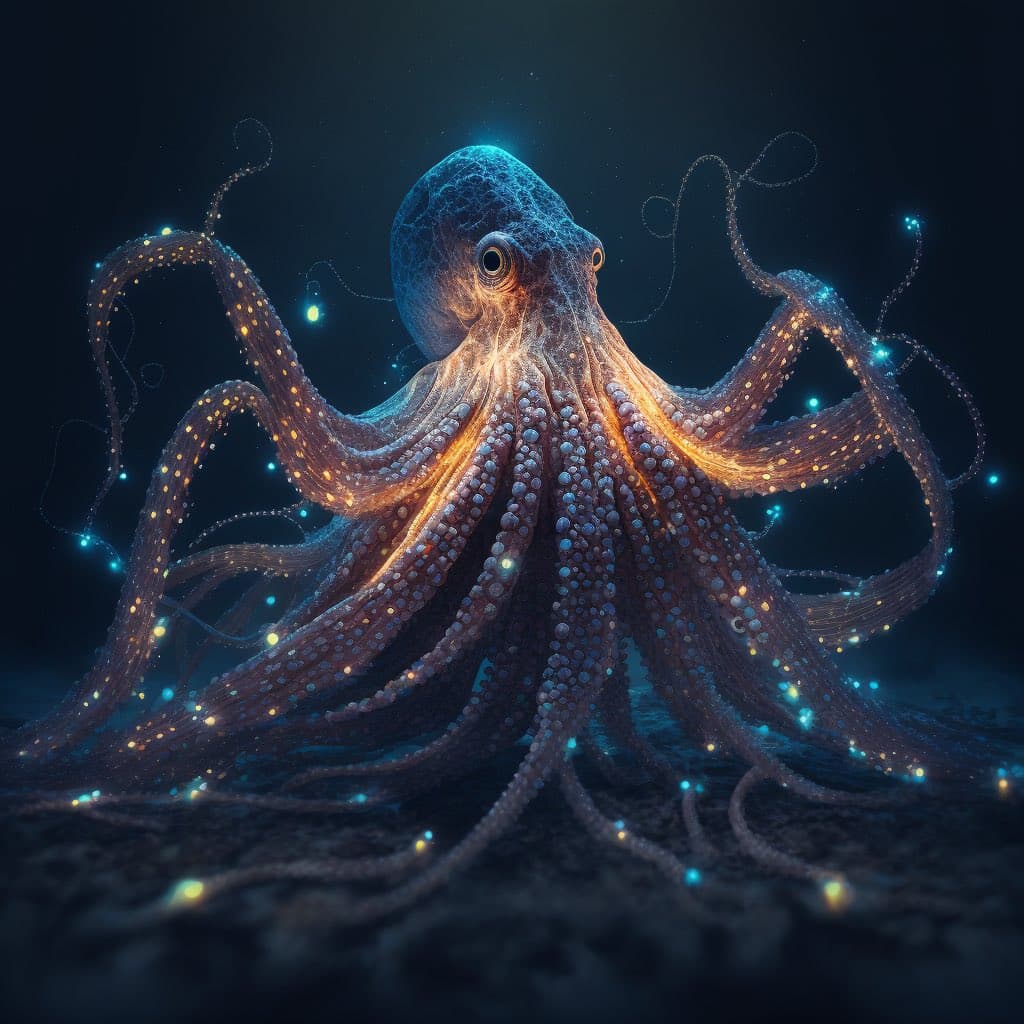 A digital illustration of a large octopus with glowing, bioluminescent dots along its tentacles, set against a dark, deep-sea background.