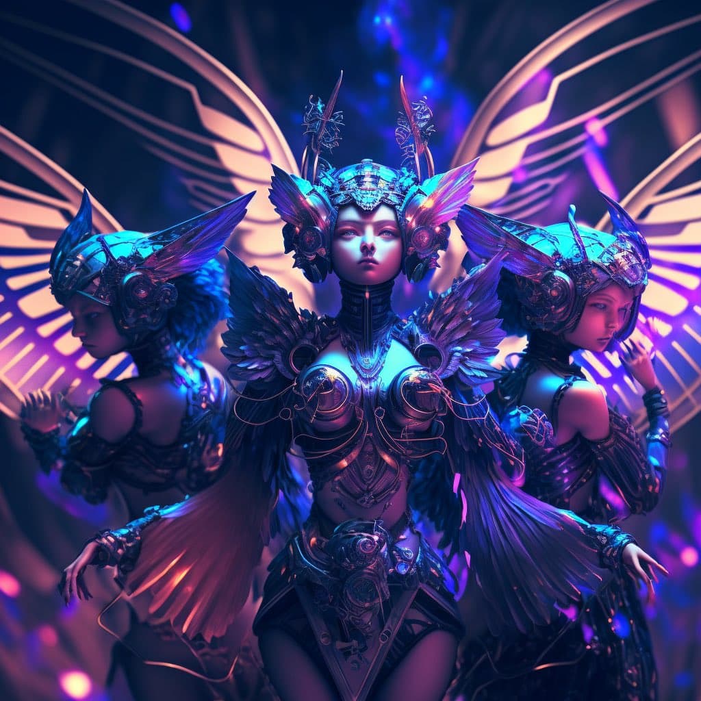 A digital artwork depicting three figures in ornate, futuristic armor with large, feathered wings and elaborate headpieces, set against a glowing, abstract background. The central figure faces forward while the two flanking figures are shown in profile, all illuminated by vibrant blue and purple lighting. The image has a high-detail, sci-fi fantasy aesthetic.