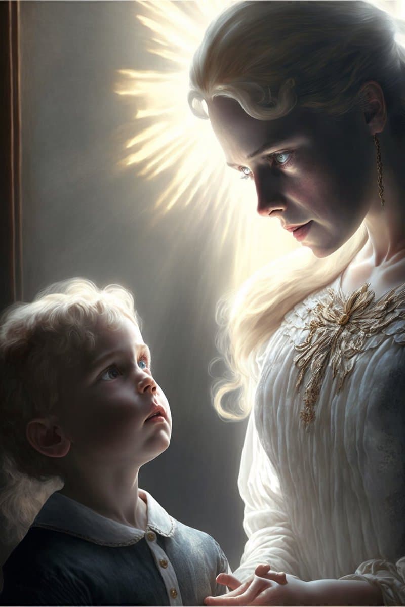 A digital painting in a classical style depicting a woman with long blonde hair and a young child with curly hair looking up at her. They are illuminated by a bright, radiant light source from behind the woman, creating a halo effect. The woman wears a white dress with an ornate gold brooch, and the child wears a dark shirt with a white collar.