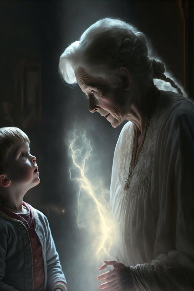 A digital illustration depicting an elderly woman with white hair and a young child looking at each other, with a stylized bolt of lightning appearing between them in a dark, atmospheric setting.