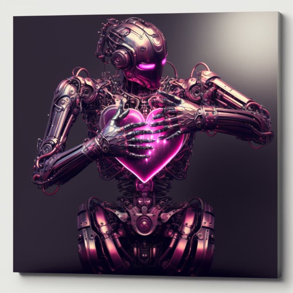 A digital artwork of a metallic, humanoid robot with glowing pink eyes holding a large, glowing pink heart in its chest cavity. The robot is shown from the waist up against a dark background.