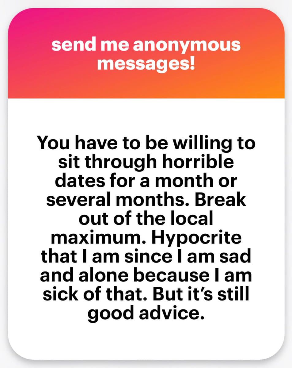 A text-based social media graphic featuring a pink-to-orange gradient header and a white body. The image contains a block of text offering advice about dating and personal growth.
