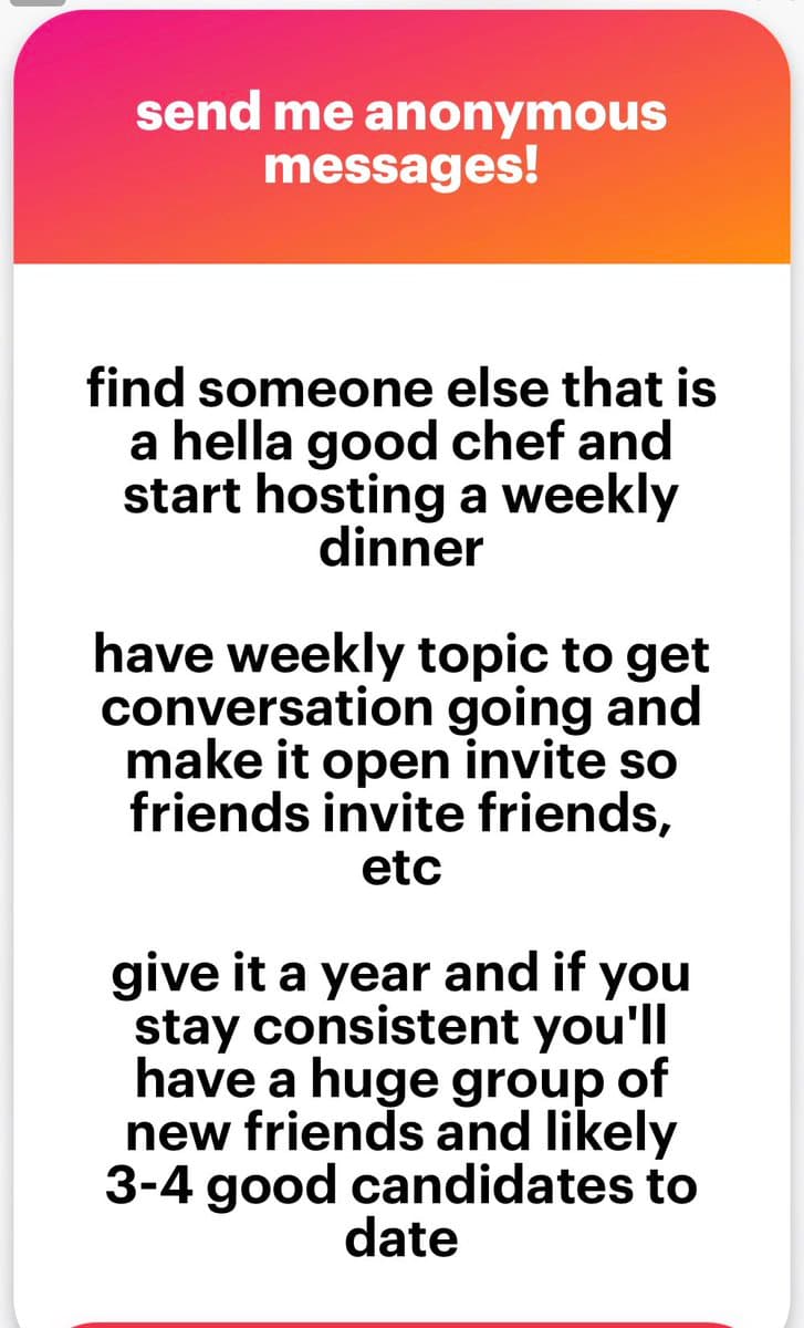 A screenshot of a social media post featuring a text-based graphic with a pink-to-orange gradient header and a white body. The graphic provides advice on how to meet new people by hosting weekly dinners.