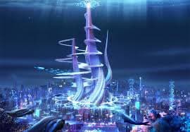 A digital illustration of a futuristic, glowing city at night, featuring a prominent spiral tower with light trails and flying vehicles. The scene is bathed in cool blue and purple tones, suggesting a science fiction setting.