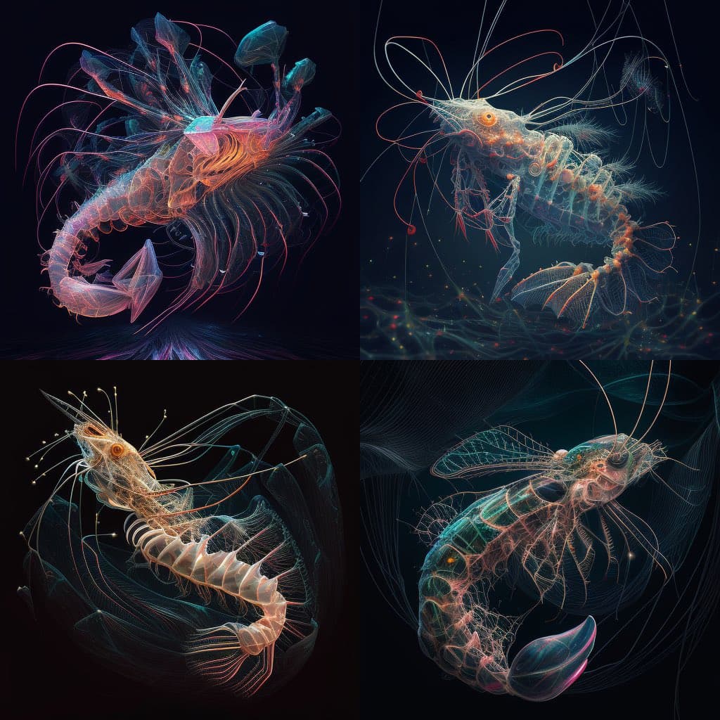A four-panel digital art collage featuring stylized, translucent shrimp-like creatures with glowing, wireframe-like internal structures and long antennae against a dark background.
