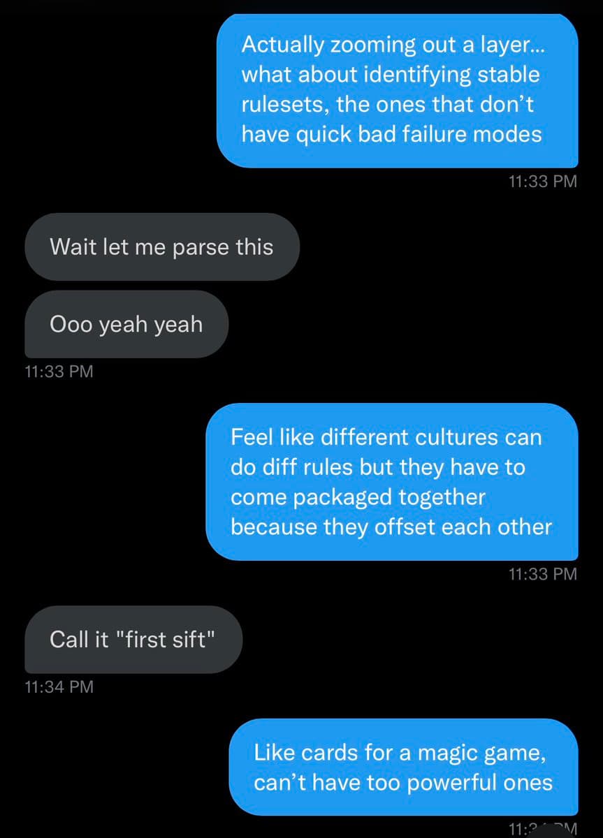 A screenshot of a text message conversation on a dark-mode phone interface. The exchange discusses identifying stable cultural rulesets and packaging them together, comparing the concept to balancing cards in a magic game.