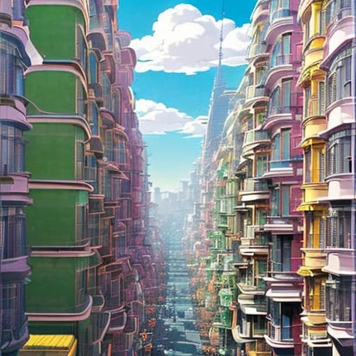 A colorful, stylized digital illustration of a futuristic city street lined with tall, multi-colored buildings featuring rounded balconies. The perspective looks down the center of the street toward a hazy horizon under a bright blue sky with white clouds. The art style is reminiscent of a video game or animated film.