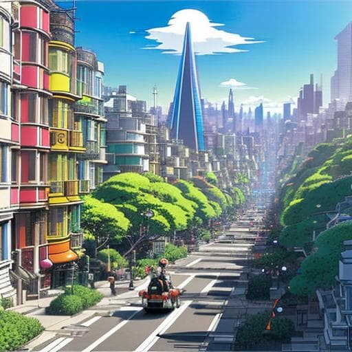 A digital illustration of a futuristic cityscape featuring a wide, tree-lined street with a person riding a hoverboard, flanked by colorful residential buildings and a towering skyscraper in the distance. The scene is rendered in a bright, anime-inspired style with a clear blue sky. The image is a piece of digital art rather than a text-bearing document.