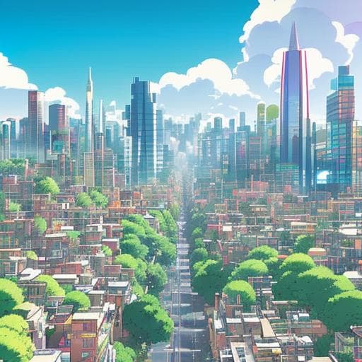 A digital illustration of a futuristic cityscape featuring a dense grid of low-rise residential buildings in the foreground and towering skyscrapers in the background under a bright blue sky. The scene depicts a vibrant, utopian urban environment with abundant greenery and a central avenue leading toward the horizon. The image is accompanied by the caption 'Life in Neo San Francisco 😍'.