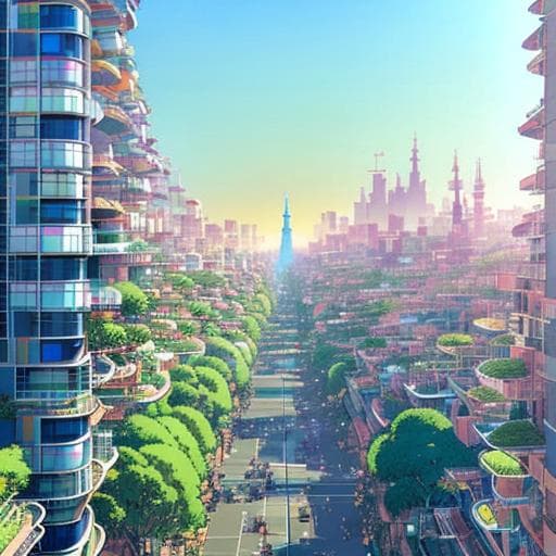 A digital illustration of a futuristic, eco-friendly cityscape featuring tall residential buildings with extensive green terraces and a central boulevard lined with trees. In the distance, a skyline of skyscrapers and a prominent spire is visible under a bright, hazy sky. The image depicts a utopian vision of urban living with integrated nature.
