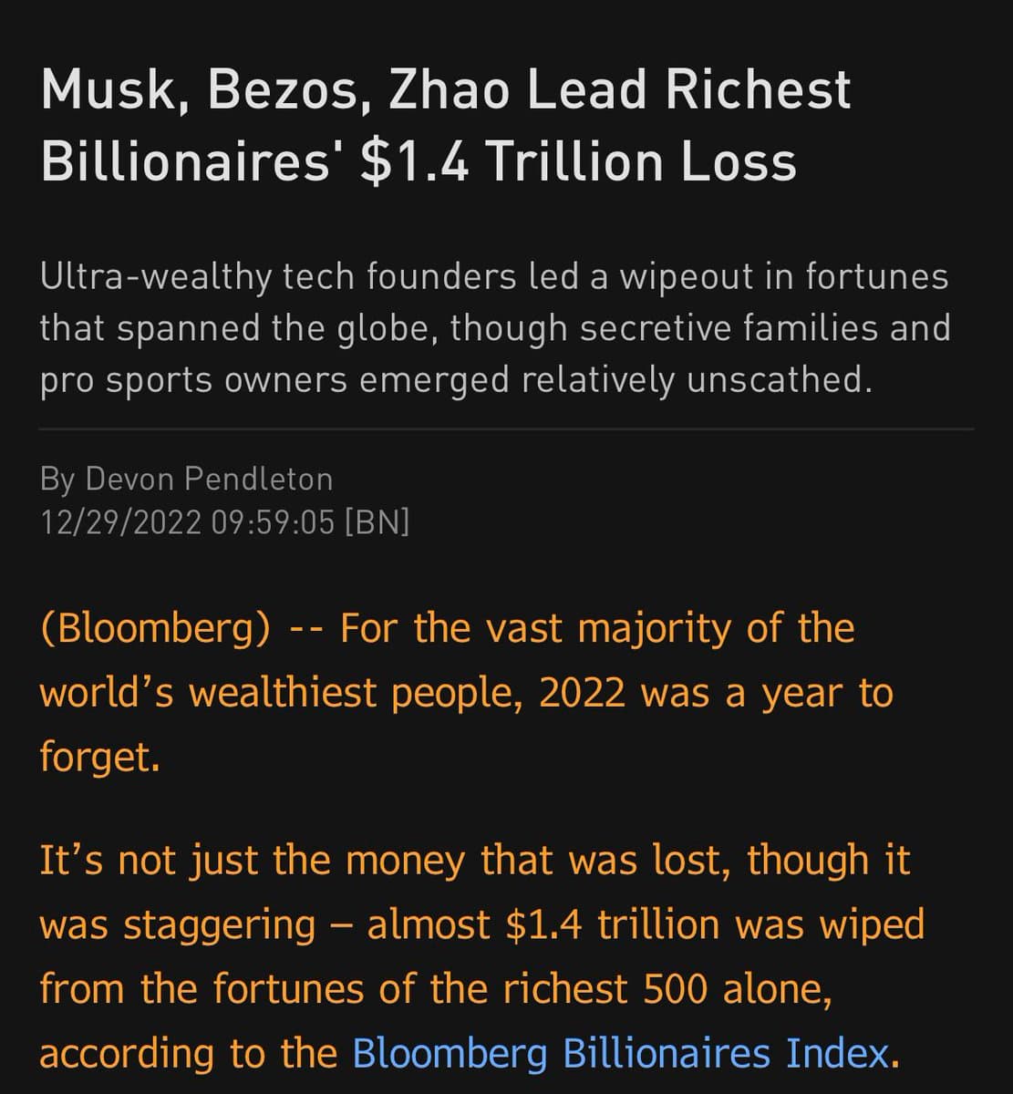 A screenshot of a Bloomberg News article preview on a dark background. The headline and body text discuss the significant financial losses of the world's wealthiest individuals in 2022.