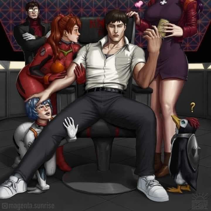 A digital illustration depicting a man in a white shirt and black pants sitting in a chair, surrounded by four other characters: a woman in a red suit, a woman in a nurse's outfit, a person in a white bodysuit, and a penguin wearing a metal collar. The scene appears to be a stylized, fan-art interpretation of a social media post.