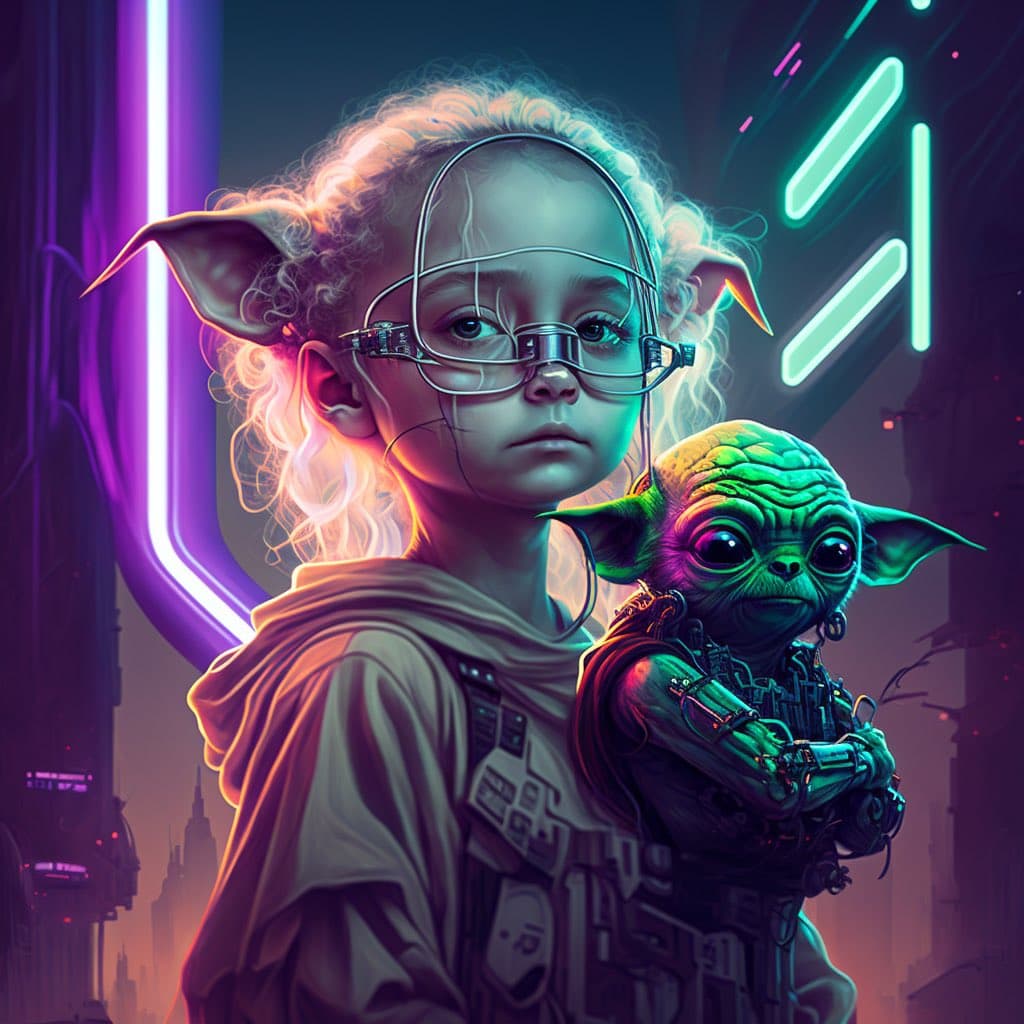 A digital art illustration of a young, curly-haired child with pointed ears and futuristic glasses, holding a small, green, Yoda-like creature in a neon-lit, cyberpunk cityscape. The scene is illuminated by vibrant purple and green lights, creating a sci-fi atmosphere. The child wears a hooded garment with mechanical details, while the small creature has large eyes and a textured, reptilian appearance.