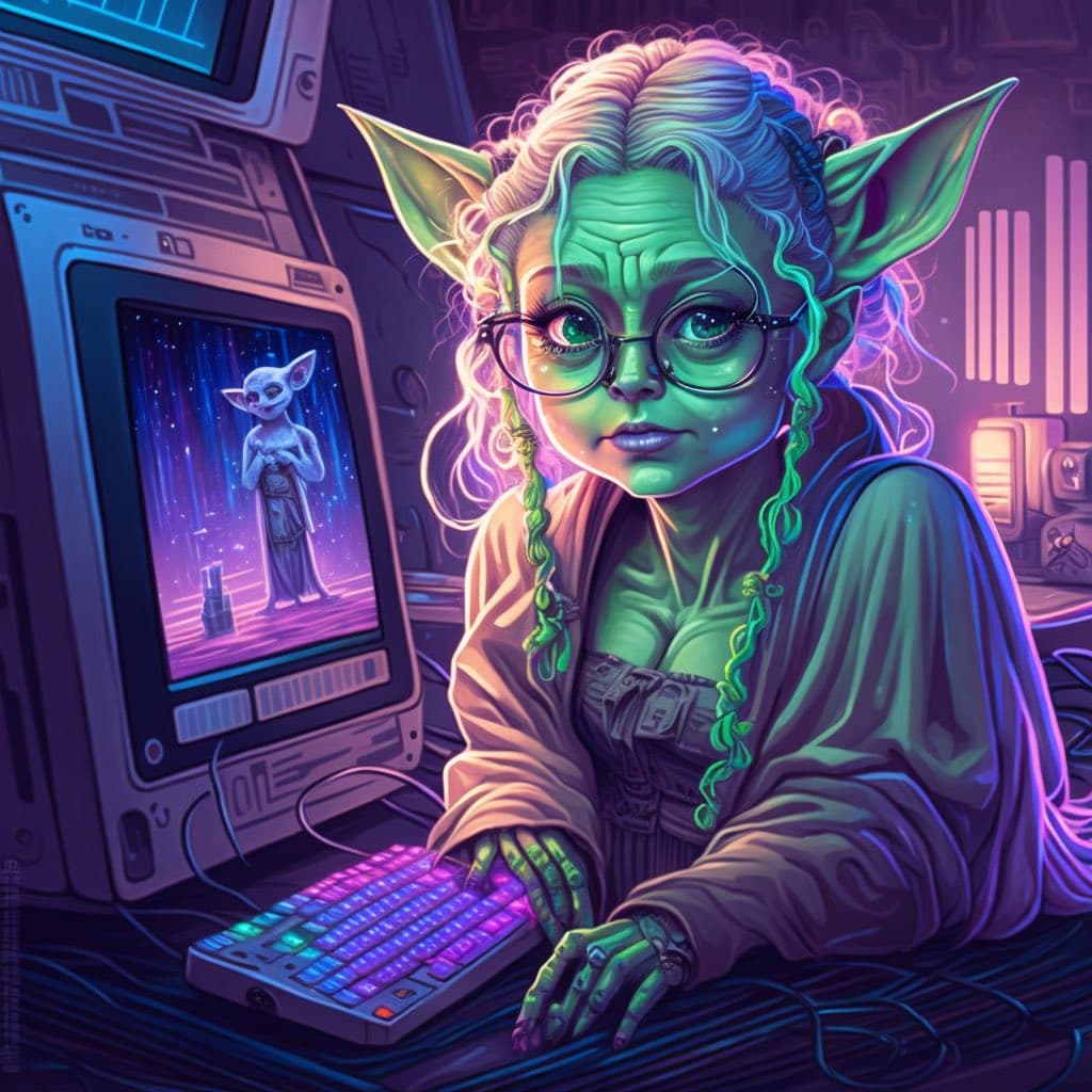 A digital illustration of a green-skinned, elf-eared character with glasses and curly hair sitting at a desk with a glowing keyboard. The character is looking at a computer monitor that displays a smaller, similar figure in a starry background.