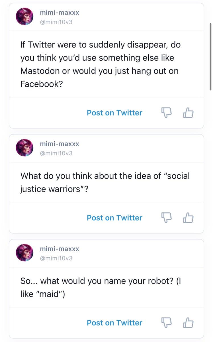 A screenshot of a social media management interface displaying three draft tweets from the user 'mimi-maxxx'. Each draft includes a question about social media alternatives, social justice, and naming a robot, along with a 'Post on Twitter' button and thumbs-up/down icons.