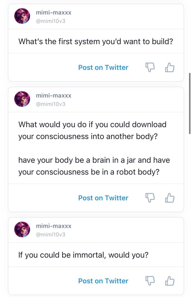A screenshot of a web interface displaying three suggested tweet drafts from a user named 'mimi-maxxx'. Each draft contains a philosophical question and a 'Post on Twitter' button.