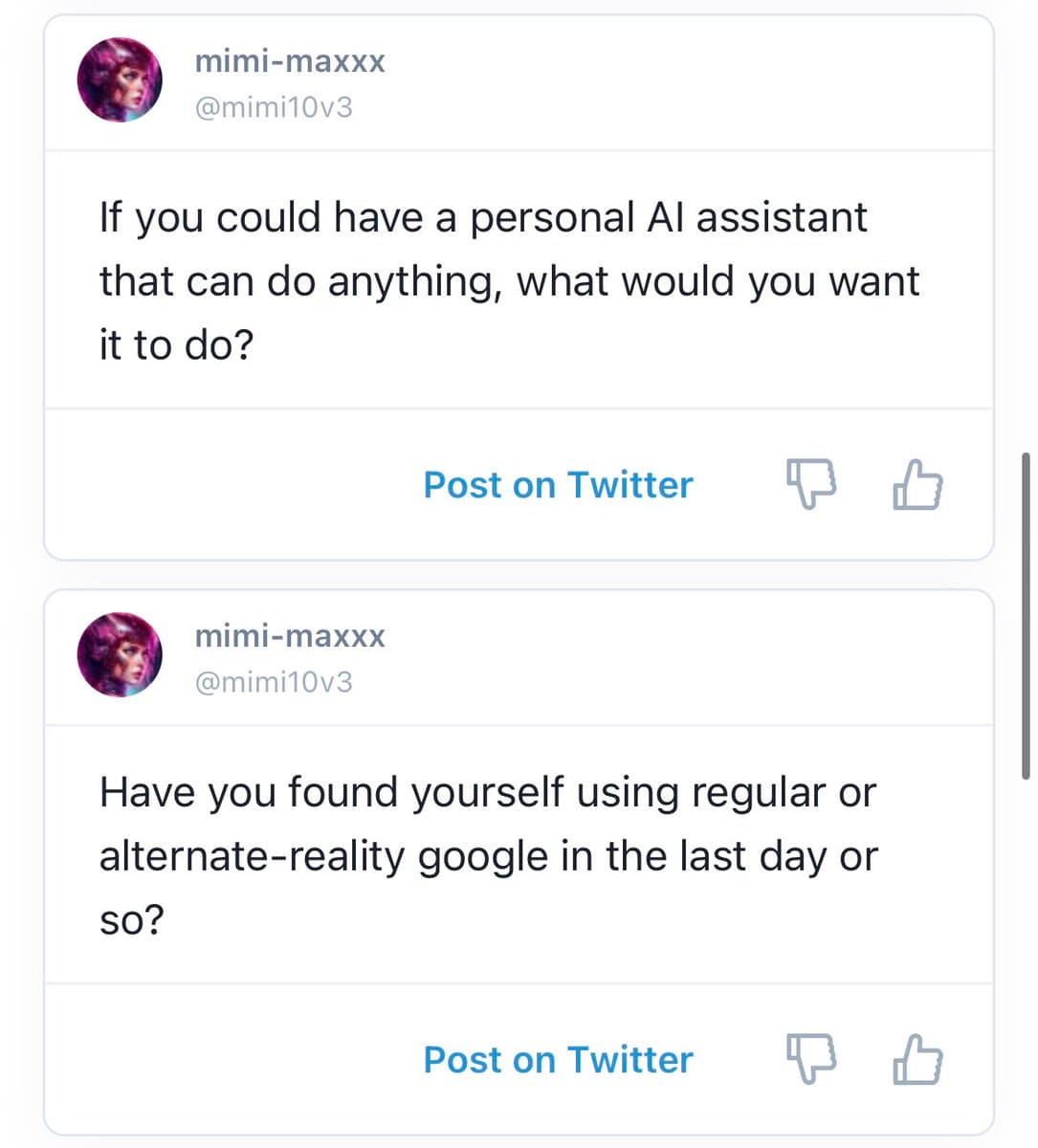A screenshot of a social media interface showing two suggested tweet drafts from a user named 'mimi-maxxx'. The first draft asks what a user would want a personal AI assistant to do, and the second asks if they have used an 'alternate-reality google'.