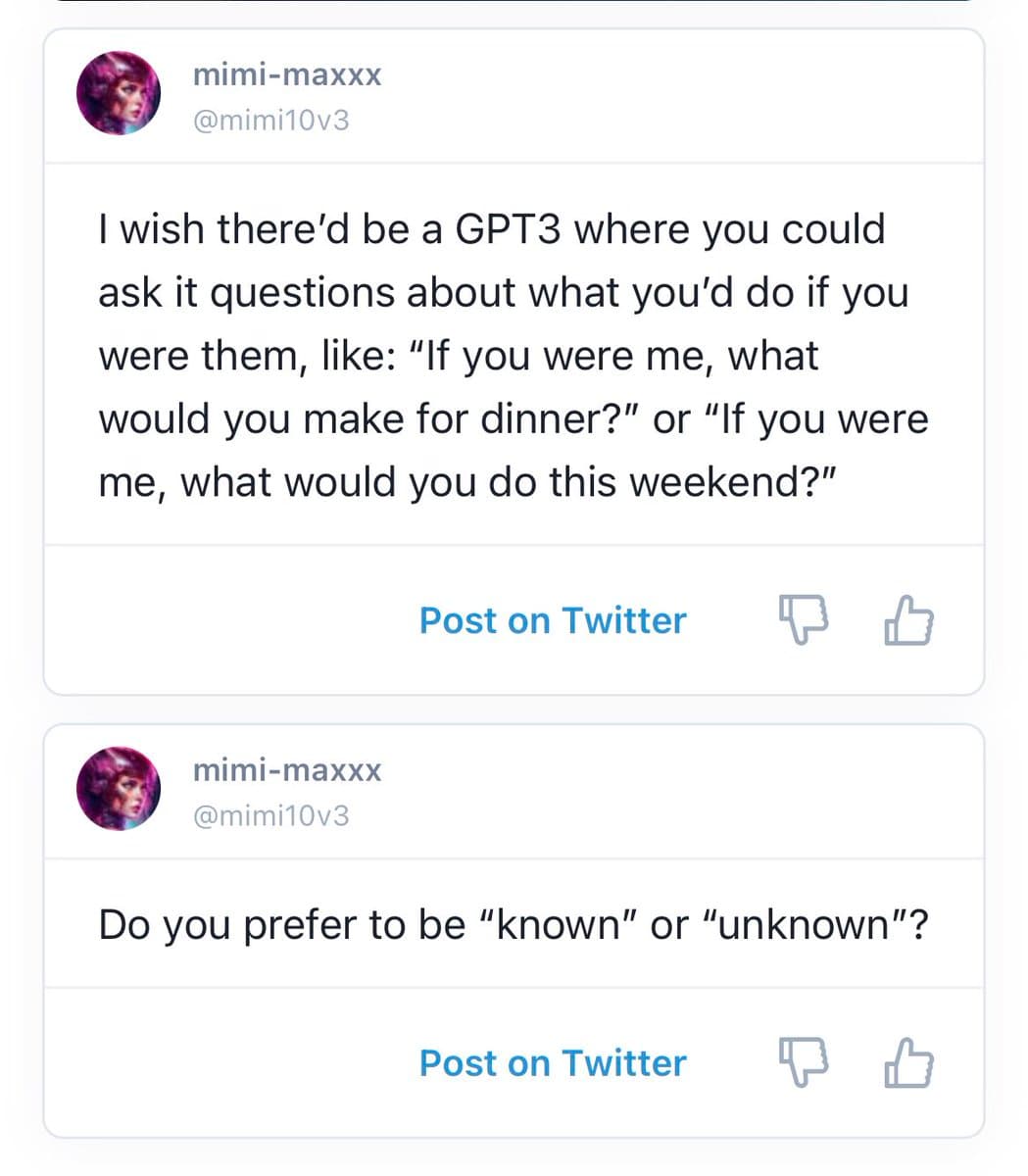 A screenshot of a social media scheduling interface showing two draft posts from the user 'mimi-maxxx'. The drafts contain questions about using GPT3 and personal preferences, each with a 'Post on Twitter' button and thumbs-up/down icons.