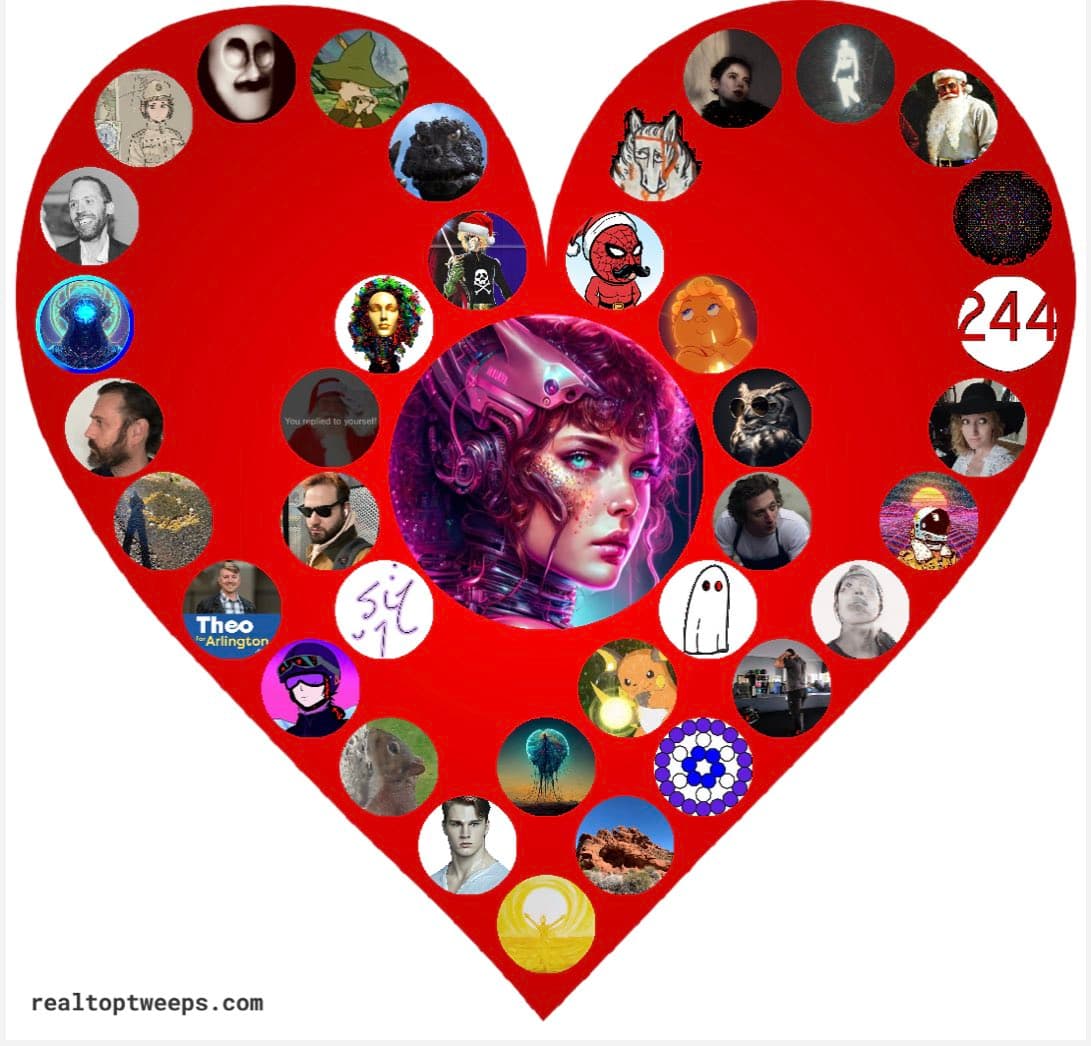 A red heart-shaped graphic composed of numerous circular profile pictures and avatars, with a large central image of a woman with cybernetic features. The number 244 is displayed on the right side, and the website realtoptweeps.com is listed in the bottom left corner.
