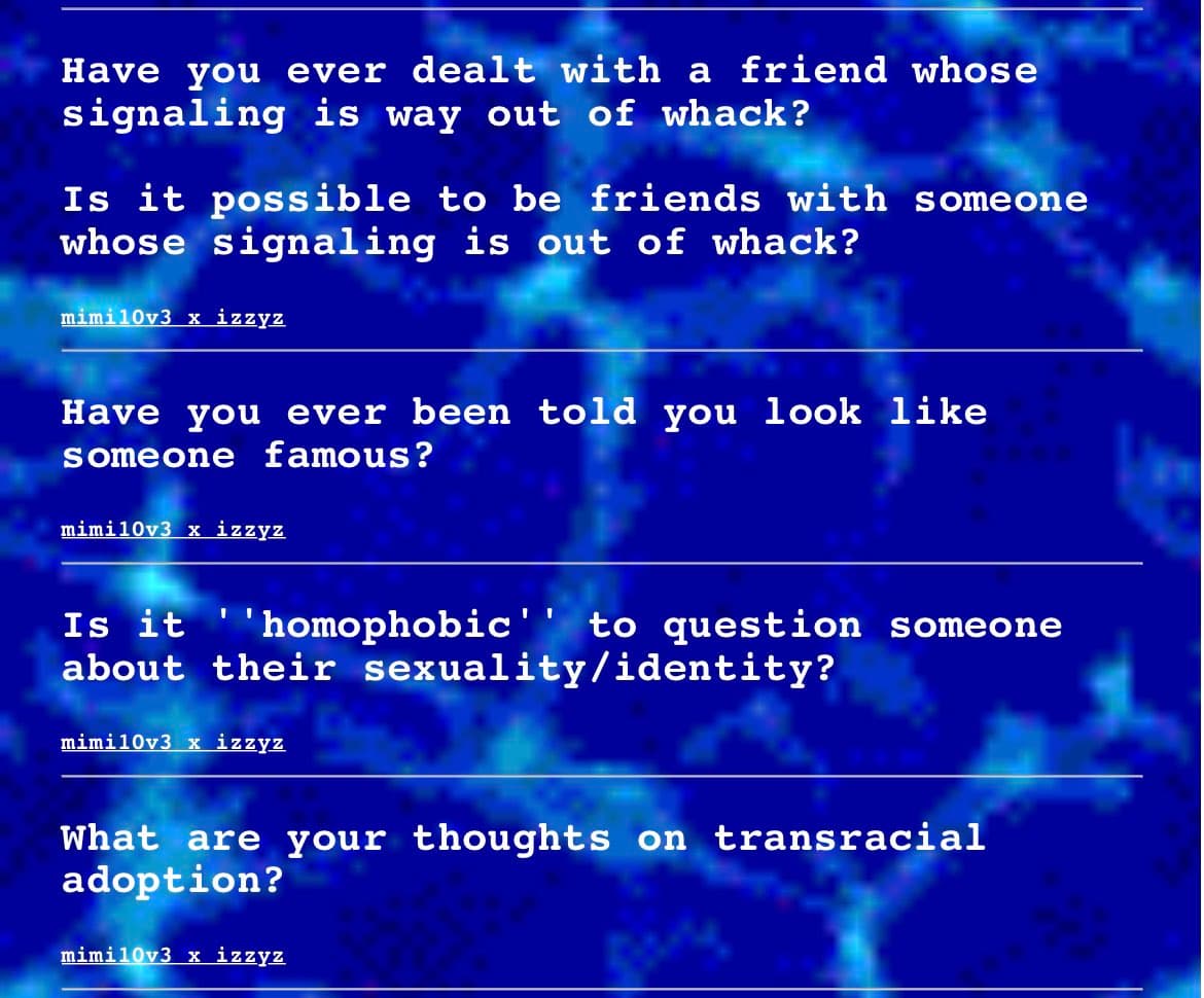 A text-based image featuring a list of controversial questions displayed in white font against a blue, abstract background. The text is separated by horizontal lines and includes a repeated username.