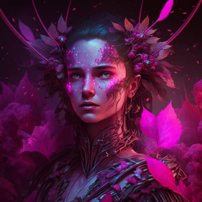 A digital artwork depicting a woman with dark hair adorned with leaves and flowers, featuring glowing pink and purple bioluminescent patterns on her face and neck. She is surrounded by vibrant pink foliage in a dark, fantastical setting. The image has a cyberpunk or fantasy aesthetic with strong neon color accents.