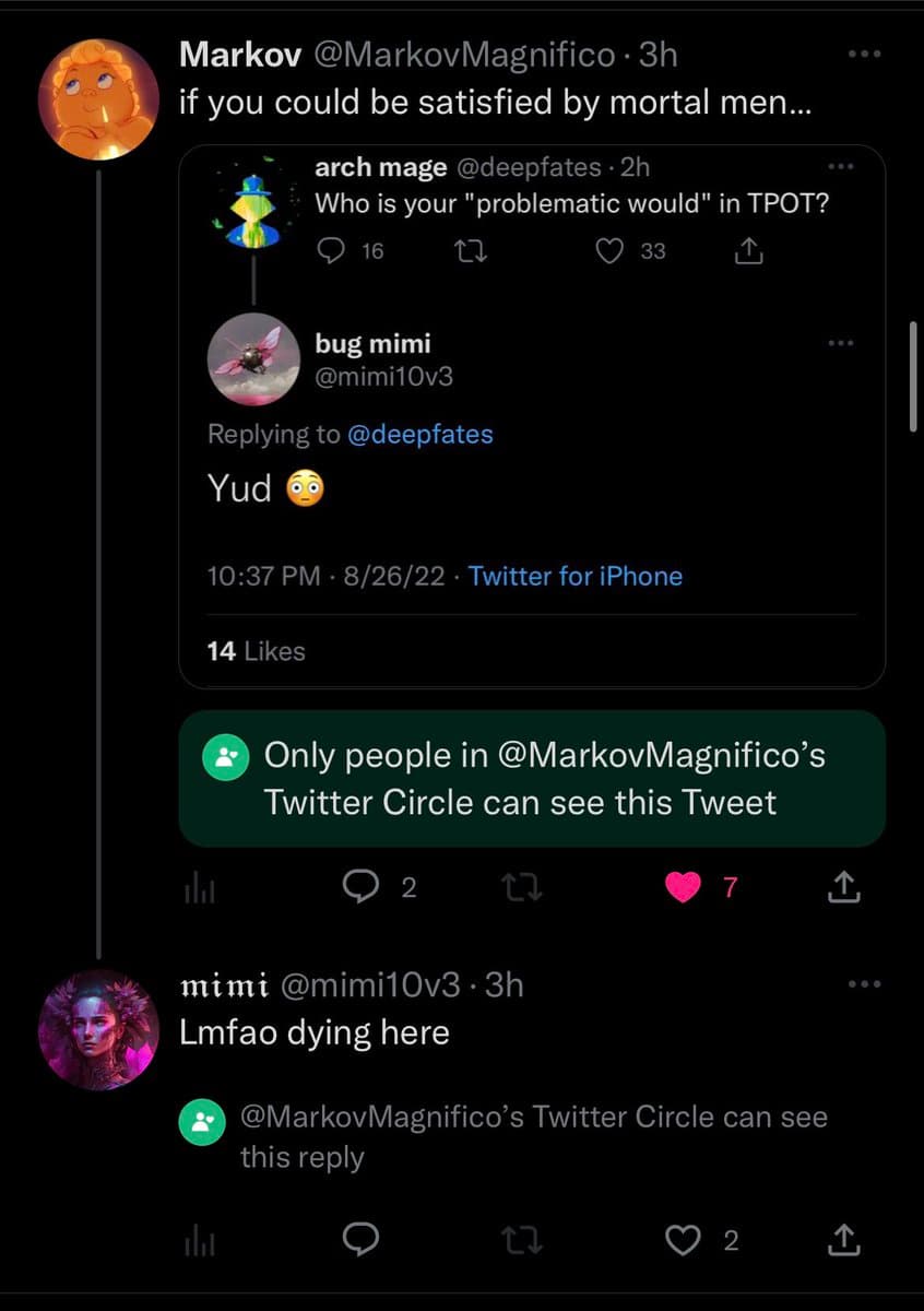 A screenshot of a Twitter conversation featuring a reply chain. The top tweet by user Markov quotes a tweet from arch mage, which is then replied to by bug mimi. A final reply from user mimi is shown at the bottom.