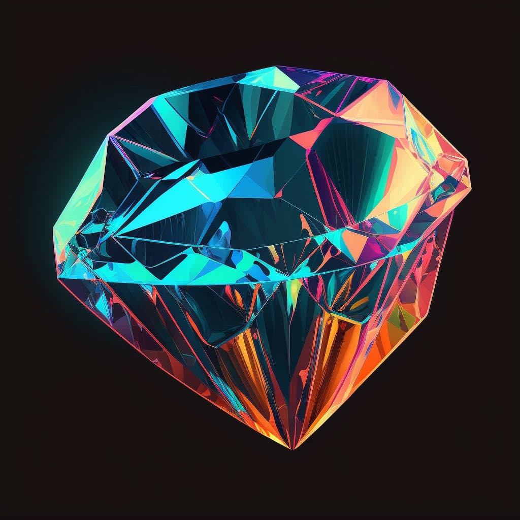 A digital 3D rendering of a large, faceted gemstone featuring vibrant, iridescent colors including cyan, magenta, and orange against a solid black background.