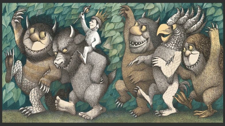 A detailed illustration in a pen-and-ink style depicting a group of five fantastical, monster-like creatures dancing together in a forest setting. A small, crowned figure rides on the back of one of the creatures, holding a scepter.