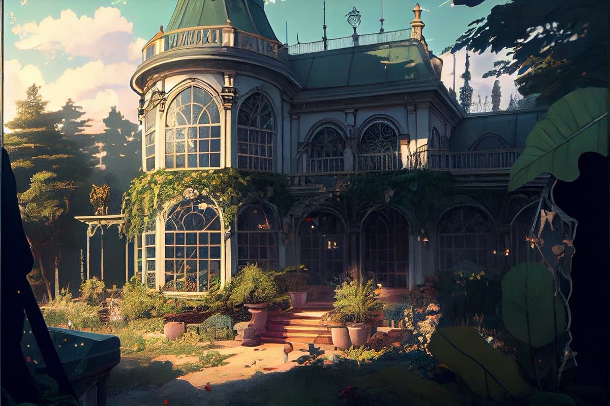 A digital painting of a grand, ornate Victorian-style greenhouse or conservatory with a green copper roof, surrounded by lush gardens and potted plants. The scene is illuminated by warm, golden sunlight, creating a serene and picturesque atmosphere.
