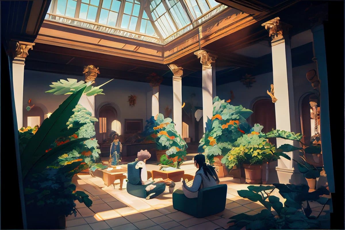 A digital illustration depicting a sunlit indoor conservatory filled with lush potted plants and classical columns. Several stylized figures are seated on the tiled floor, relaxing and interacting in the warm, dappled light.