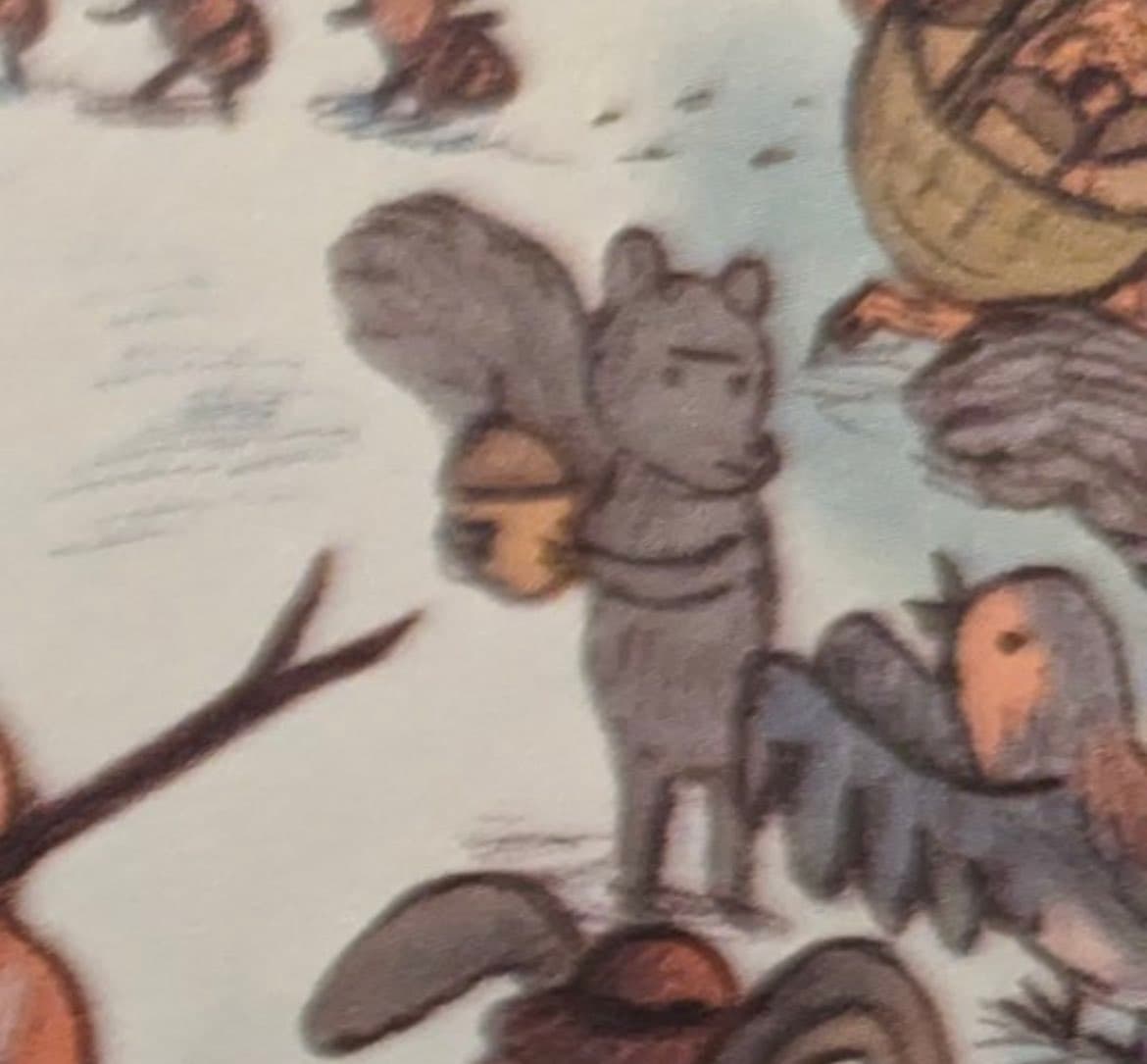 A close-up photograph of a vintage illustration featuring a grey squirrel holding a large acorn, surrounded by other woodland animals including a bird and a rabbit.