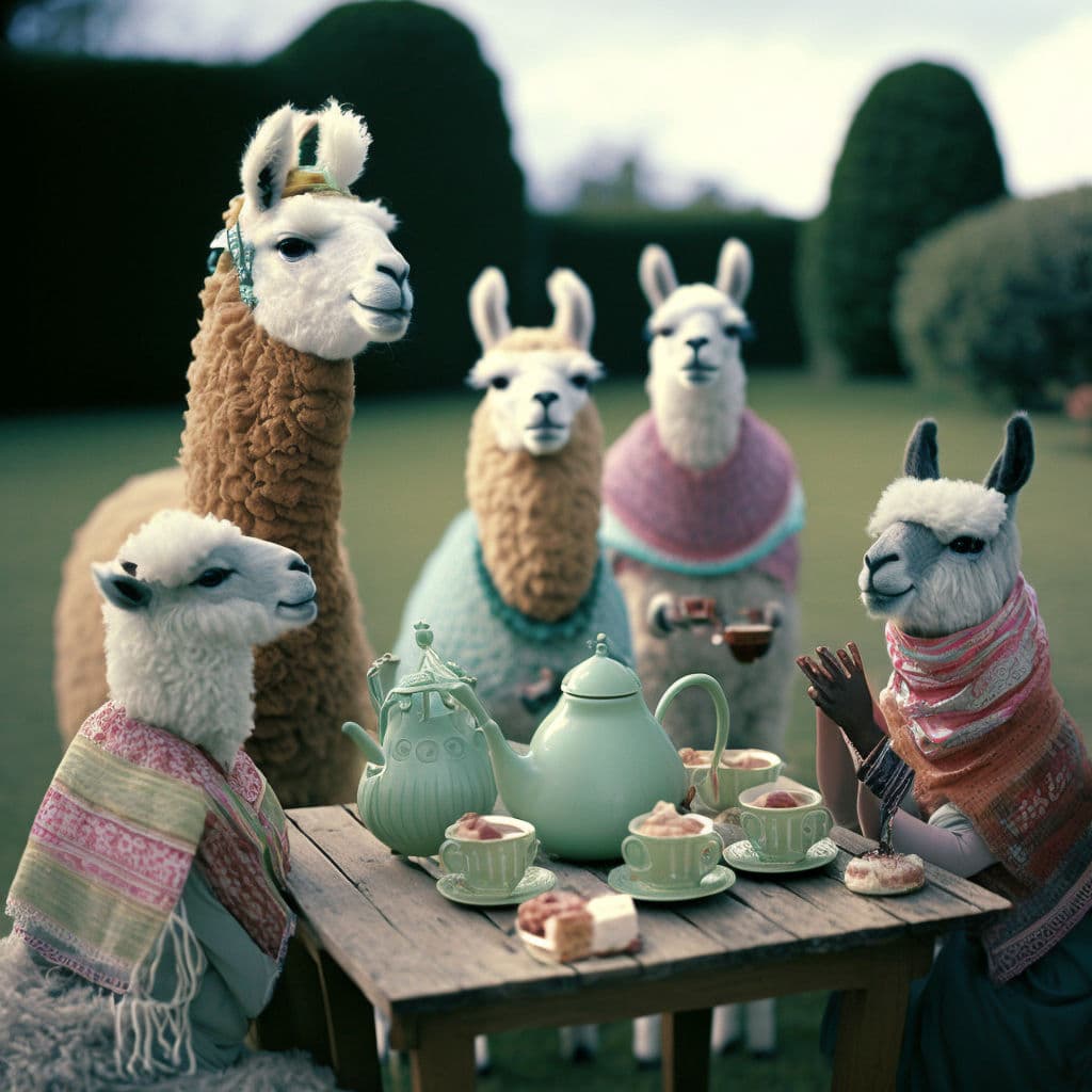 A whimsical, AI-generated image of five llamas dressed in colorful shawls and accessories, gathered around a wooden table for a tea party. They are seated with mint-green teapots, teacups, and small pastries on the table, set against a backdrop of manicured garden hedges.