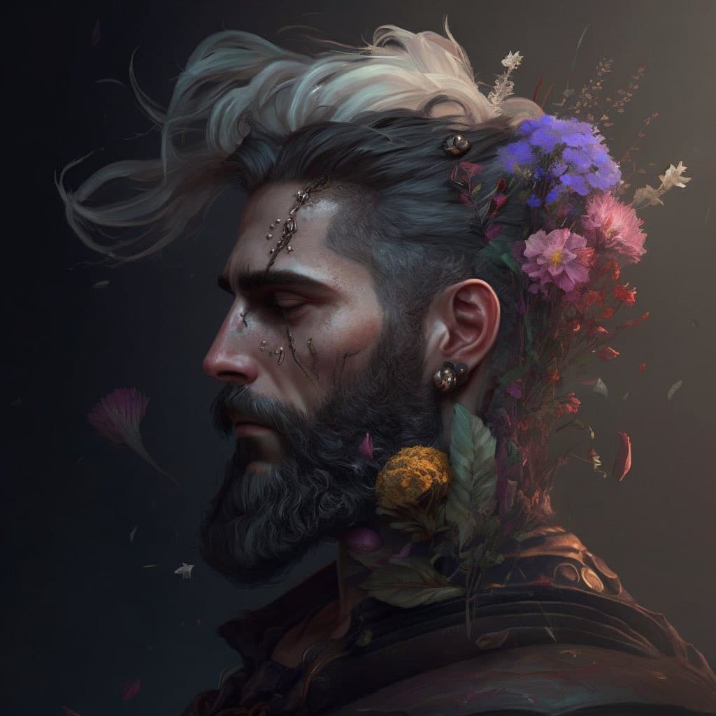 A digital art portrait of a bearded man in profile, featuring a surreal design where vibrant purple and pink flowers grow from his hair and neck. The image has a dark, moody background with floating petals and a fantasy aesthetic.