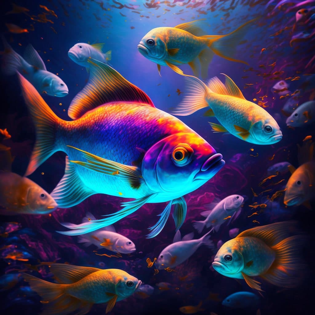 A vibrant digital illustration of a school of colorful fish swimming in a dark, deep-sea environment. A large, iridescent fish with blue, purple, and orange scales is the central focus, surrounded by smaller fish in shades of blue and gold.