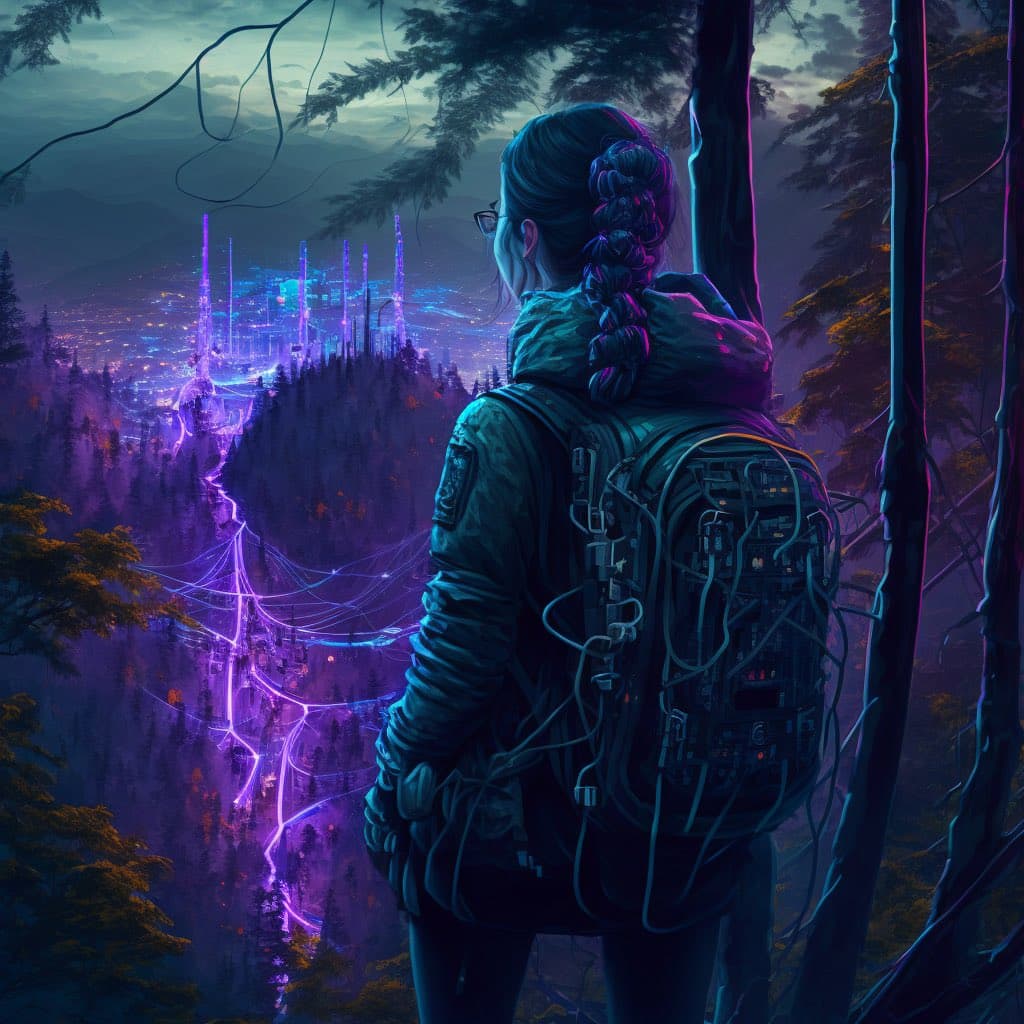 A digital illustration of a person with a braided ponytail and a high-tech backpack standing in a forest, looking out over a sprawling, neon-lit futuristic city in the distance. The scene is bathed in cool purple and blue tones, with glowing cables and structures connecting the city to the surrounding landscape.