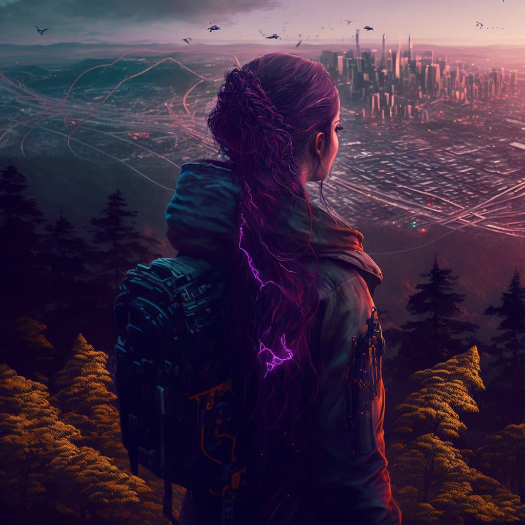 A digital illustration of a person with long, braided hair and a high-tech backpack standing on a forested hill, overlooking a sprawling futuristic city at dusk. The scene features a dramatic sky with flying vehicles and a glowing purple light effect on the person's hair.