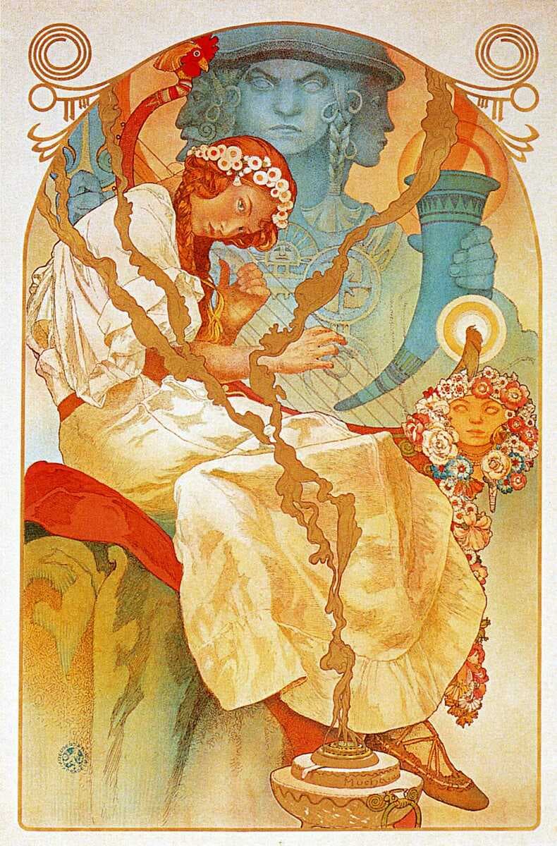 A reproduction of a painting from Alphonse Mucha's 'The Slav Epic' (1928), depicting a seated woman in a white dress and floral headband holding a smoking censer, with a large, blue-toned figure of a woman holding a horn behind her. The artwork is framed by decorative Art Nouveau borders and features a small signature in the lower right corner.