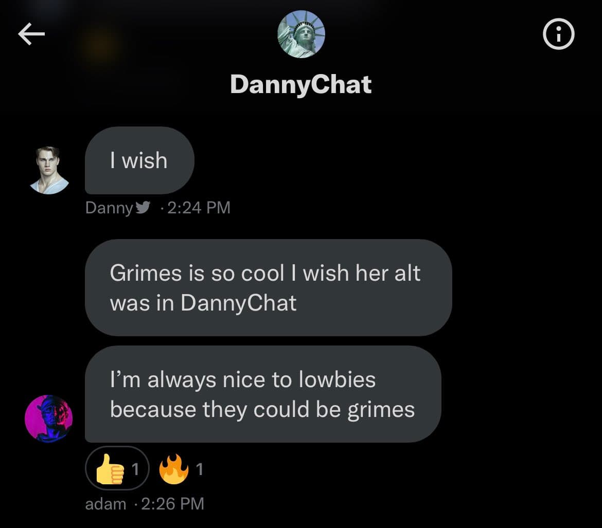 A screenshot of a Twitter Spaces chat interface titled "DannyChat," showing a conversation between two users. One user, Danny, says "I wish," and another user, adam, responds with two messages: "Grimes is so cool I wish her alt was in DannyChat" and "I'm always nice to lowbies because they could be grimes." The final message has one thumbs-up and one fire emoji reaction.