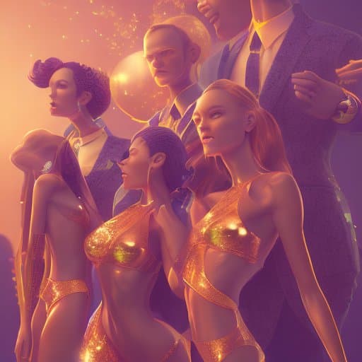 A digital illustration featuring a group of five stylized, futuristic figures standing in a row against a warm, glowing background. The figures include women in metallic, gold-colored bodysuits and men in formal suits, all rendered with a smooth, 3D aesthetic.