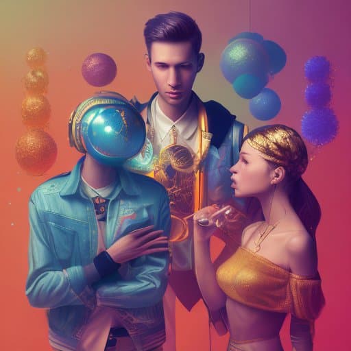 A digital illustration featuring three stylized figures against a vibrant, gradient background. The central figure is a man in a suit, flanked by a person in a blue jacket with a glowing blue sphere for a head and a woman in a gold outfit holding a glass. Floating, textured spheres in various colors surround the group.