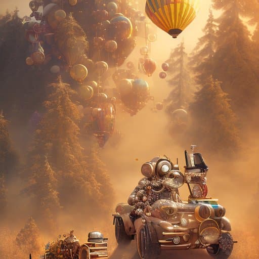 A fantasy digital illustration depicting a steampunk-style vehicle driving through a misty, golden-lit forest, with numerous hot air balloons floating in the sky above. The scene features a whimsical, steampunk aesthetic with brass and copper details on the vehicle and balloons.