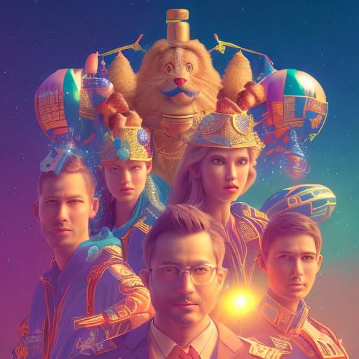 A digital illustration featuring a group of five people in futuristic, ornate blue and gold outfits, with a large, stylized lion figure wearing a top hat and mustache looming behind them against a cosmic, starry background. The image appears to be promotional artwork for a game or event, likely related to the 'Vibe War Game' mentioned in the post text.