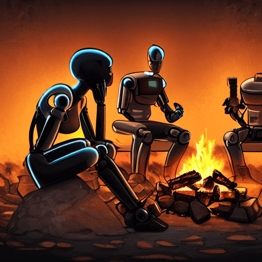 A digital illustration of three humanoid robots sitting around a campfire in a dark, orange-lit environment. The robot on the left sits on a rock with its head in its hands, while the other two sit on a bench facing the fire. The scene evokes a contemplative or somber mood.