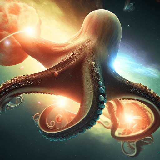 A digital artwork depicting a large, translucent octopus-like creature with glowing blue suckles floating in a cosmic, nebula-filled space. The creature's body is illuminated by bright, warm light sources, creating a surreal and ethereal atmosphere. The image appears to be a piece of generative art, likely created using AI or digital painting software.