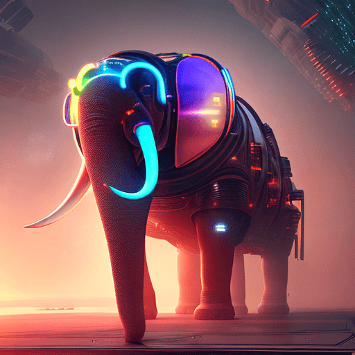 A digital artwork depicting a futuristic, robotic elephant with glowing neon blue and purple accents on its head and ears, standing in a hazy, industrial environment. The elephant has a textured, mechanical body with visible panels and lights, and its trunk and tusks are illuminated with bright cyan light.
