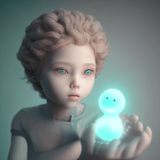 A digital illustration of a young person with short, curly light-brown hair and blue eyes, holding a small, glowing, translucent blue creature in their open palm. The creature has a simple, rounded shape with two small black dots for eyes. The background is a soft, muted teal gradient.