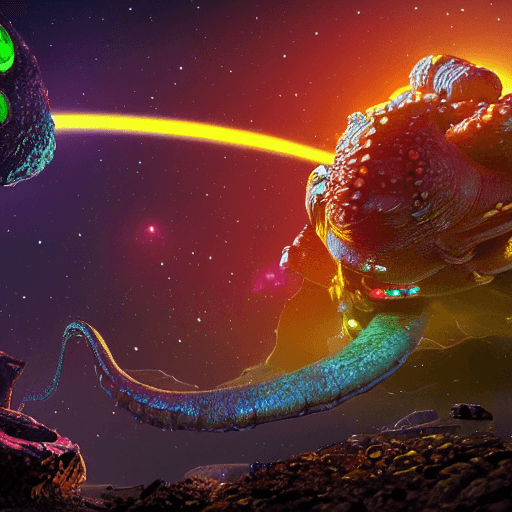 A vibrant, surreal digital artwork depicting a large, textured alien creature with a long, blue, tentacle-like appendage in a cosmic setting. The background features a starry sky with a bright yellow ring or arc, and the scene is illuminated by warm, glowing lights.