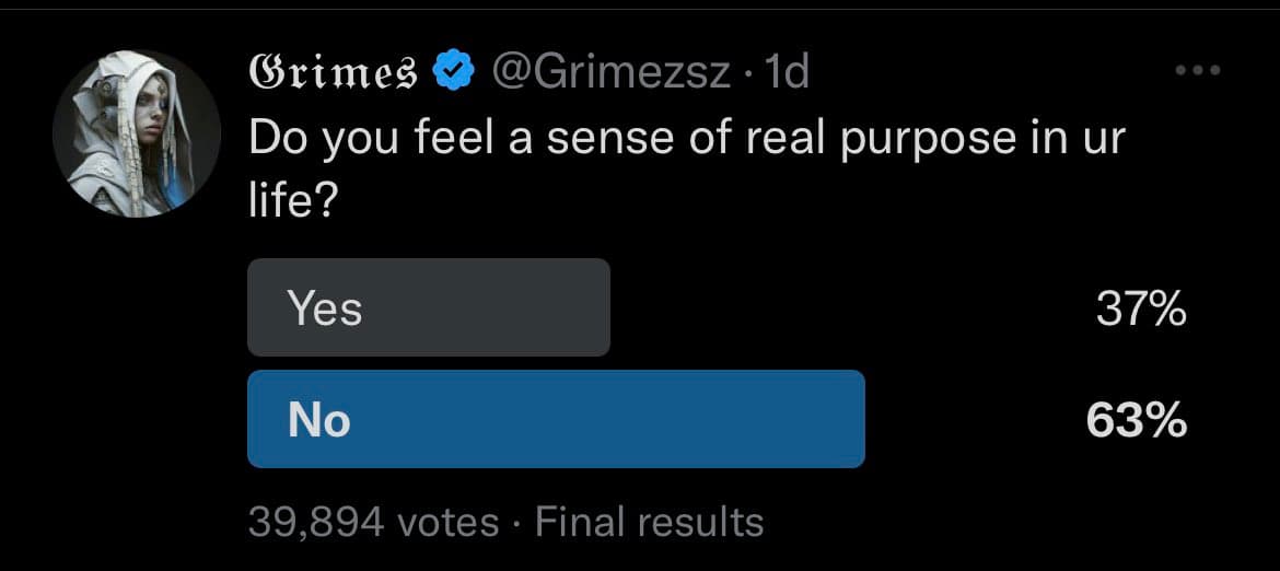A screenshot of a Twitter poll posted by the verified account @Grimezsz. The poll asks, "Do you feel a sense of real purpose in ur life?" and shows final results with 37% voting "Yes" and 63% voting "No" out of 39,894 total votes.
