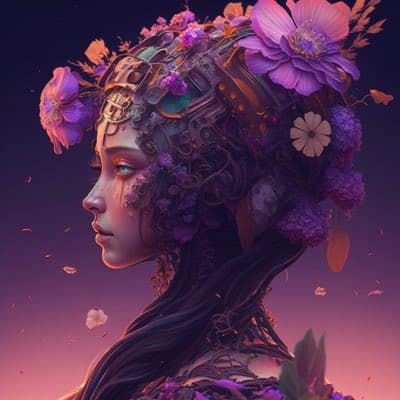 A digital artwork depicting a woman in profile with a mechanical, steampunk-style headpiece adorned with large purple and pink flowers. Her face and hair are intertwined with floral elements, set against a soft, gradient background of purple and pink hues.